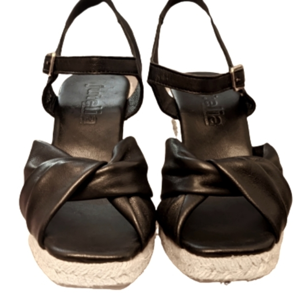 NIB Jutelia soft black leather, strap tied into knot over toes wedge espadrilles